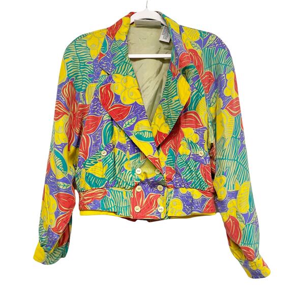 Vintage Pacific Silk Tropical Print V Neck Double Breast Crop Jacket - Picture 8 of 8